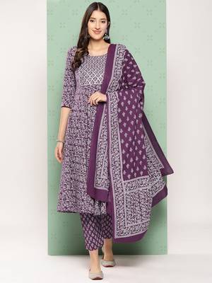 women purple floral anarkali kurta pant and dupatta set 1