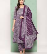 women purple floral anarkali kurta pant and dupatta set