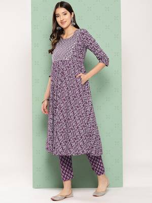 women purple floral anarkali kurta pant and dupatta set 2