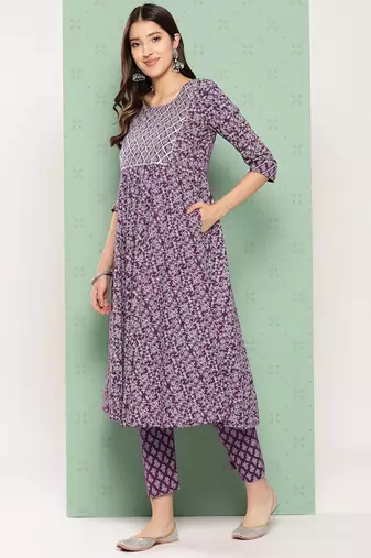women purple floral anarkali kurta pant and dupatta set