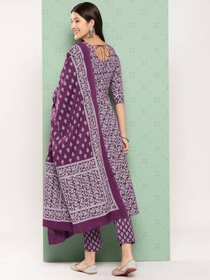 women purple floral anarkali kurta pant and dupatta set 3