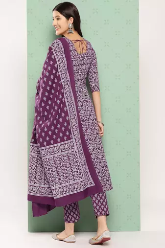 women purple floral anarkali kurta pant and dupatta set