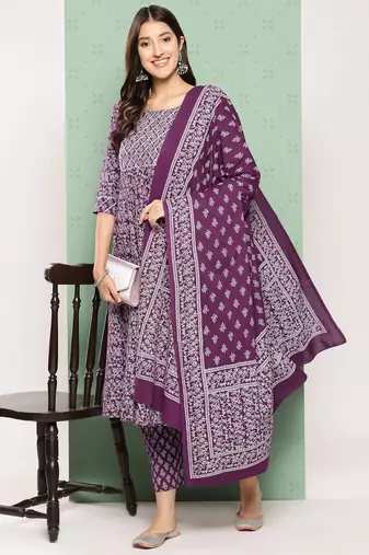 women purple floral anarkali kurta pant and dupatta set