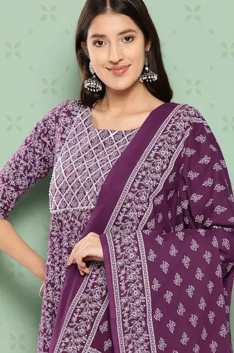 women purple floral anarkali kurta pant and dupatta set