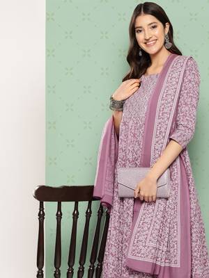 women mauve floral anarkali kurta pant and dupatta set 1