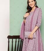 women mauve floral anarkali kurta pant and dupatta set
