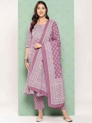 women mauve floral anarkali kurta pant and dupatta set 2