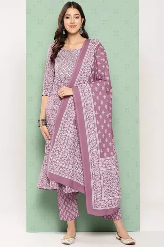 women mauve floral anarkali kurta pant and dupatta set