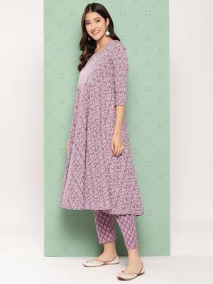women mauve floral anarkali kurta pant and dupatta set 3