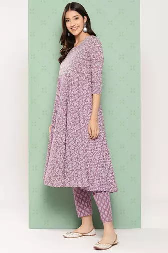 women mauve floral anarkali kurta pant and dupatta set