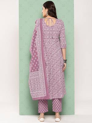 women mauve floral anarkali kurta pant and dupatta set 4