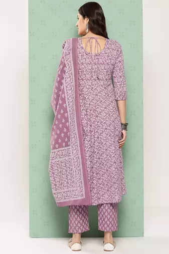 women mauve floral anarkali kurta pant and dupatta set