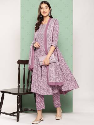 women mauve floral anarkali kurta pant and dupatta set 5
