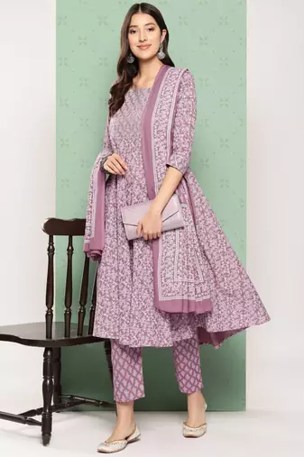 women mauve floral anarkali kurta pant and dupatta set