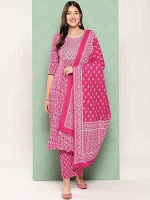 women red floral anarkali kurta pant and dupatta set 1