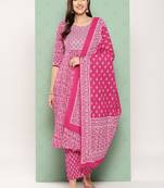 women red floral anarkali kurta pant and dupatta set