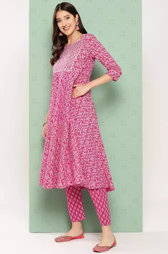 women red floral anarkali kurta pant and dupatta set