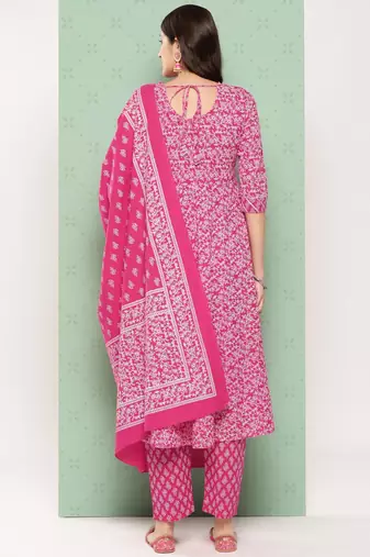 women red floral anarkali kurta pant and dupatta set