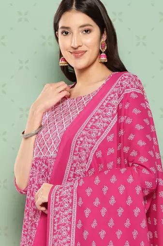 women red floral anarkali kurta pant and dupatta set