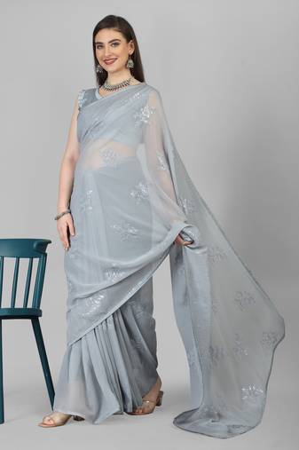 Grey Embroidered Faux Georgette Sequins Work Saree With Blouse (Un-Stitched)