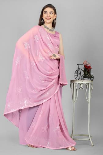 Lipgloss Pink Embroidered Faux Georgette Sequins Work Saree With Blouse (Un-Stitched)