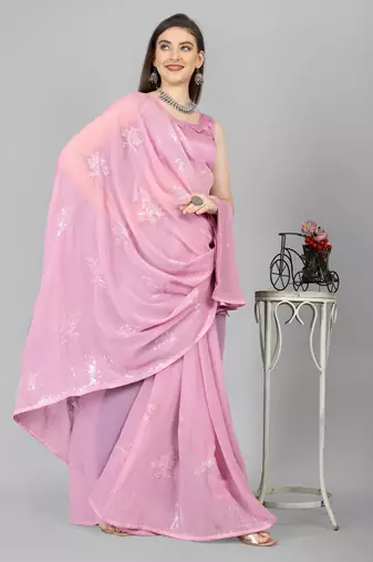 Lipgloss pink embroidered faux georgette sequins work saree with blouse (un-stitched)