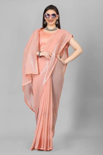 Peach Embroidered Faux Georgette Sequins Work Saree With Blouse (Un-Stitched)