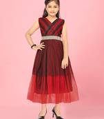 Aarika girls maroon-black colour embellished net gown