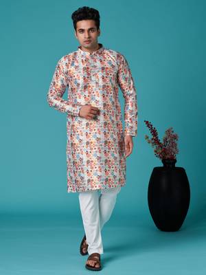 Multicolor sequins cotton silk stitched mens kurta 1