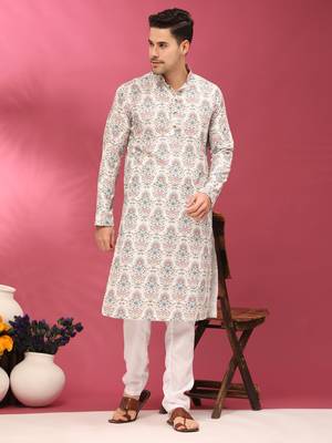 Daisy white sequins cotton silk stitched mens kurta 1