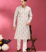 Daisy white sequins cotton silk stitched mens kurta