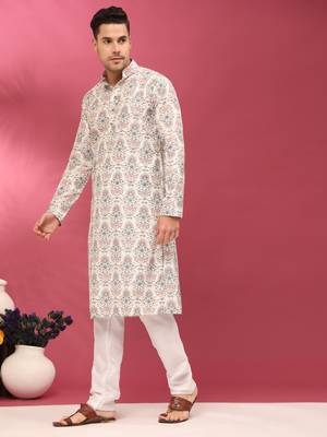 Daisy white sequins cotton silk stitched mens kurta 2