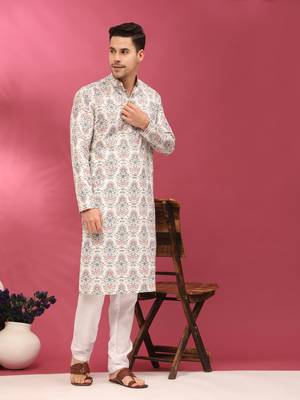 Daisy white sequins cotton silk stitched mens kurta 3