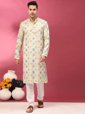 Ivory white sequins cotton silk stitched mens kurta 1