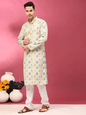 Ivory white sequins cotton silk stitched mens kurta 2