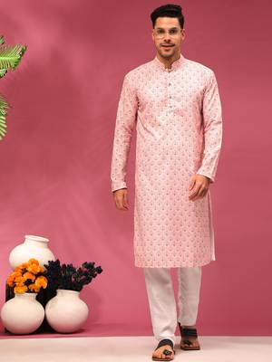 Crepe pink sequins cotton silk stitched mens kurta 1