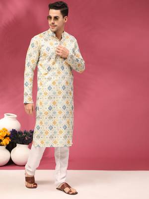 Ivory white sequins cotton silk stitched mens kurta 3