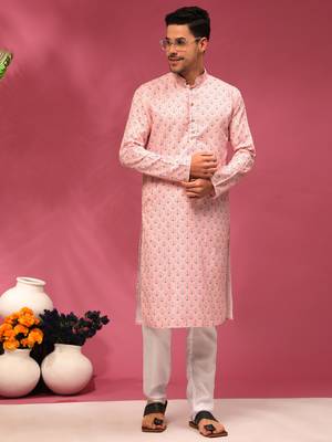 Crepe pink sequins cotton silk stitched mens kurta 2