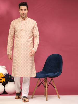 Buff beige sequins cotton silk stitched mens kurta 1