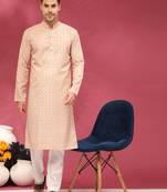 Buff beige sequins cotton silk stitched mens kurta
