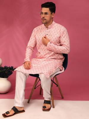Crepe pink sequins cotton silk stitched mens kurta 3