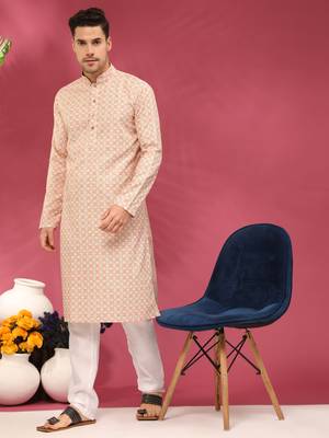 Buff beige sequins cotton silk stitched mens kurta 2