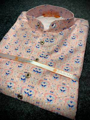 Crepe pink sequins cotton silk stitched mens kurta 4