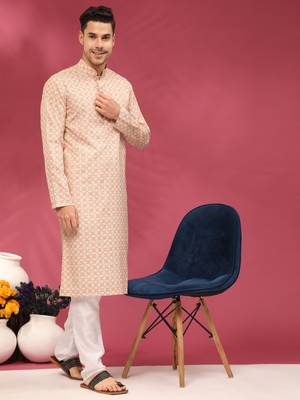 Buff beige sequins cotton silk stitched mens kurta 3