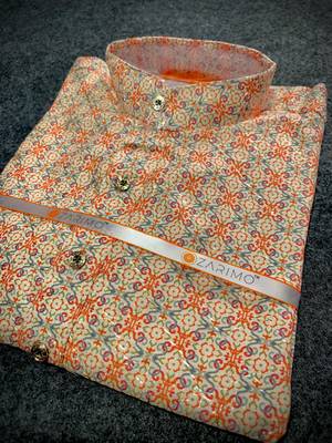 Buff beige sequins cotton silk stitched mens kurta 4