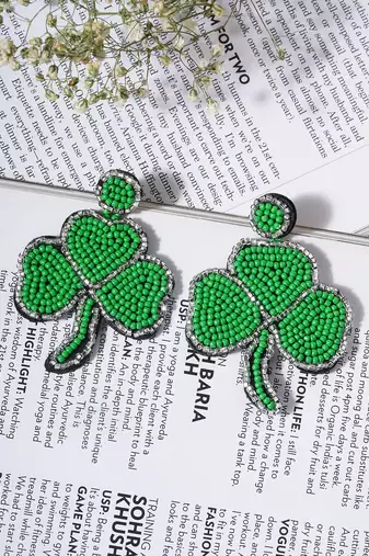 Green leaf bohemian rice bead earrings