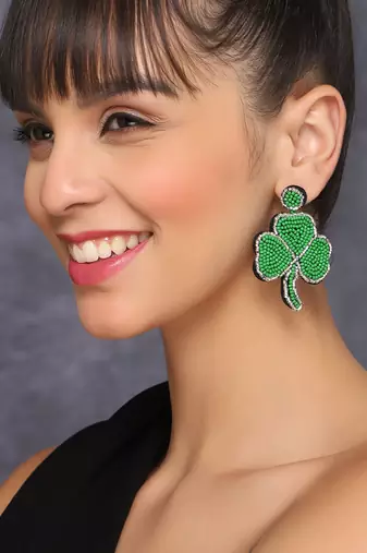 Green leaf bohemian rice bead earrings