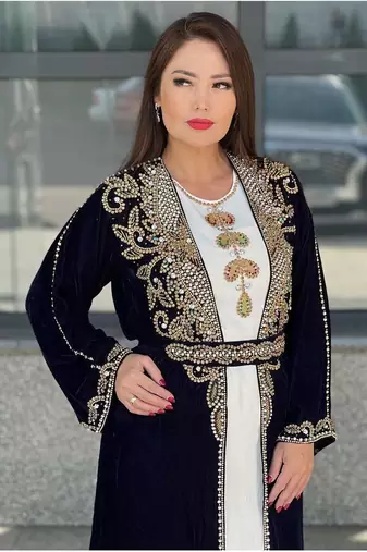 Dual Zari Stone Work Georgette Islamic Style Beads Embedded Partywear Kaftan Long Gown Evening wear Dubai kaftan