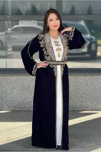 Dual Zari Stone Work Georgette Islamic Style Beads Embedded Partywear Kaftan Long Gown Evening wear Dubai kaftan