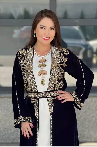 Dual Zari Stone Work Georgette Islamic Style Beads Embedded Partywear Kaftan Long Gown Evening wear Dubai kaftan